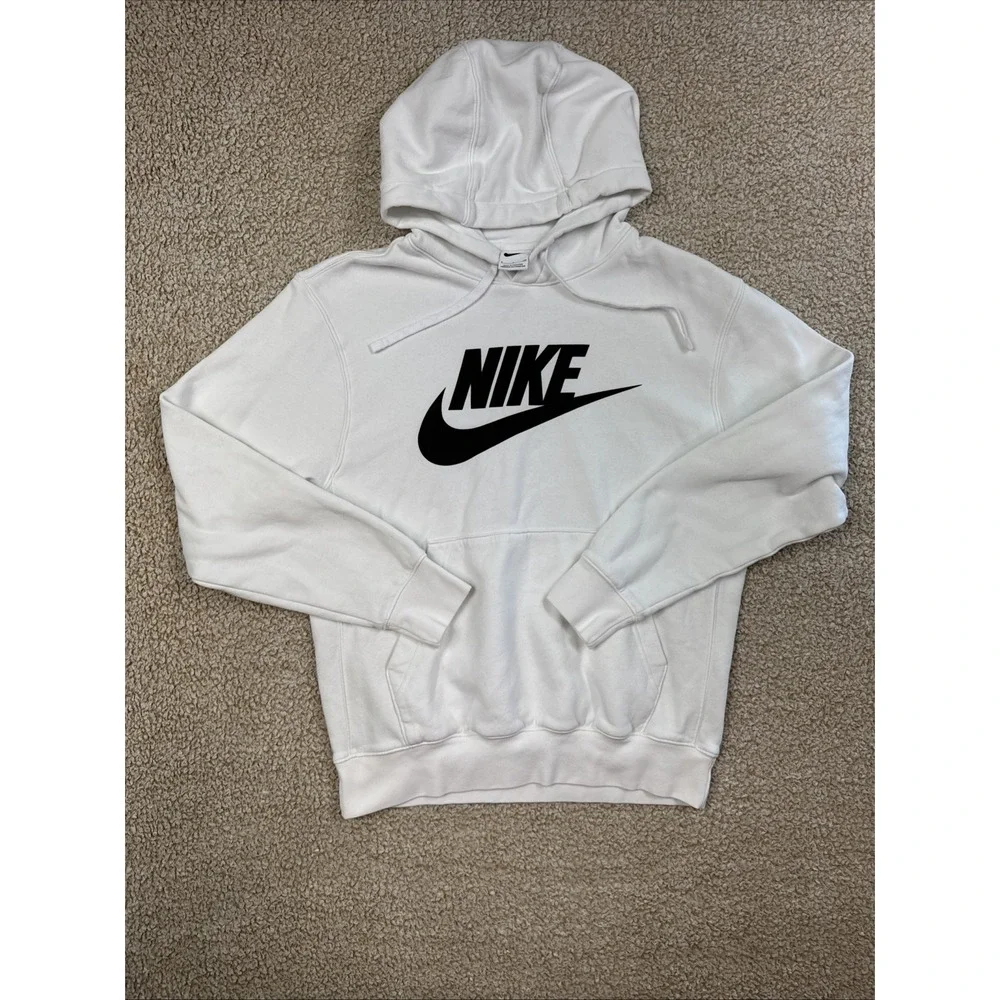 White Nike Sportswear Club Fleece Men's Pullover Hoodie Black Swoosh Size Small